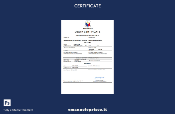 certificato di morte dei documenti di stato civile delle Filippine in stile veri
